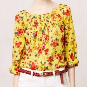 𝅺Anthropologie postmark yellow floral rose BoHo peasant blouse